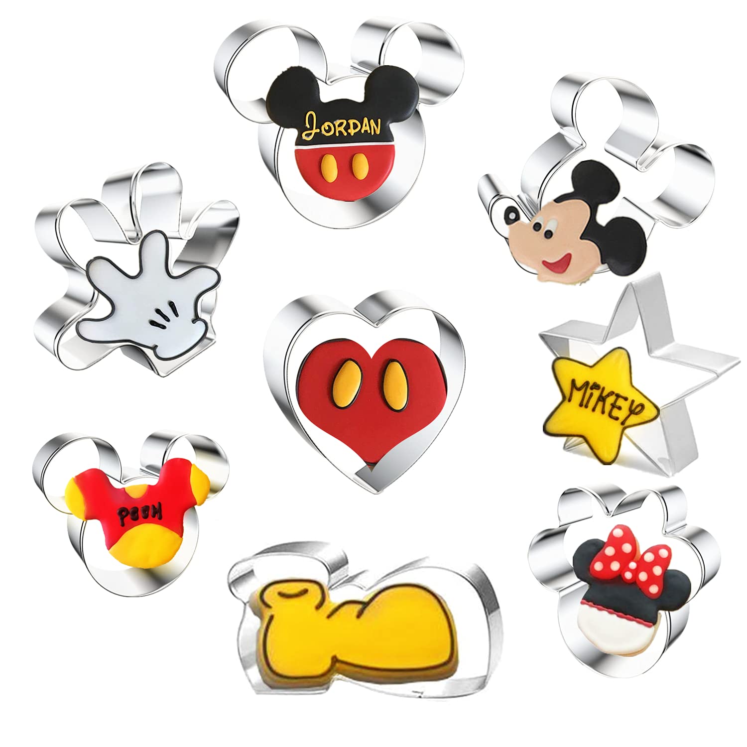 8 Pieces Mickey Mouse Cookie Cutters,Stainless Steel Cutters Mickey Minnie Mouse Shaped Biscuit Molds for Themed Birthday Baby Shower Holiday Parties