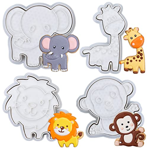 Flycalf Animal Cookie Cutters Set with Plunger Stamps Jungle Safari Animal Zoo Baking Dough Tools Holiday Shapes PLA Cutter Molds for Kids Decorative Party 3.5" Kitchen Cake Supplies