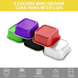 Mini Square Baking Cups,HEYYUMI 50pcs 5oz Aluminum Foil Mini Cake Pans with Lids,Disposable Ramekins Muffin Tins Cupcake Liners,Individual Dessert Containers Flans for Party Bakery(5 Colors E)