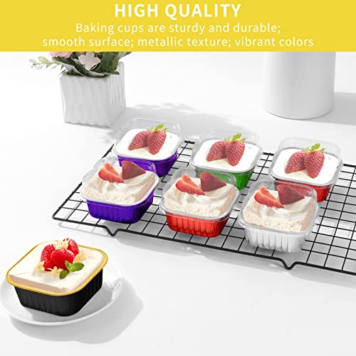 Mini Square Baking Cups,HEYYUMI 50pcs 5oz Aluminum Foil Mini Cake Pans with Lids,Disposable Ramekins Muffin Tins Cupcake Liners,Individual Dessert Containers Flans for Party Bakery(5 Colors E)