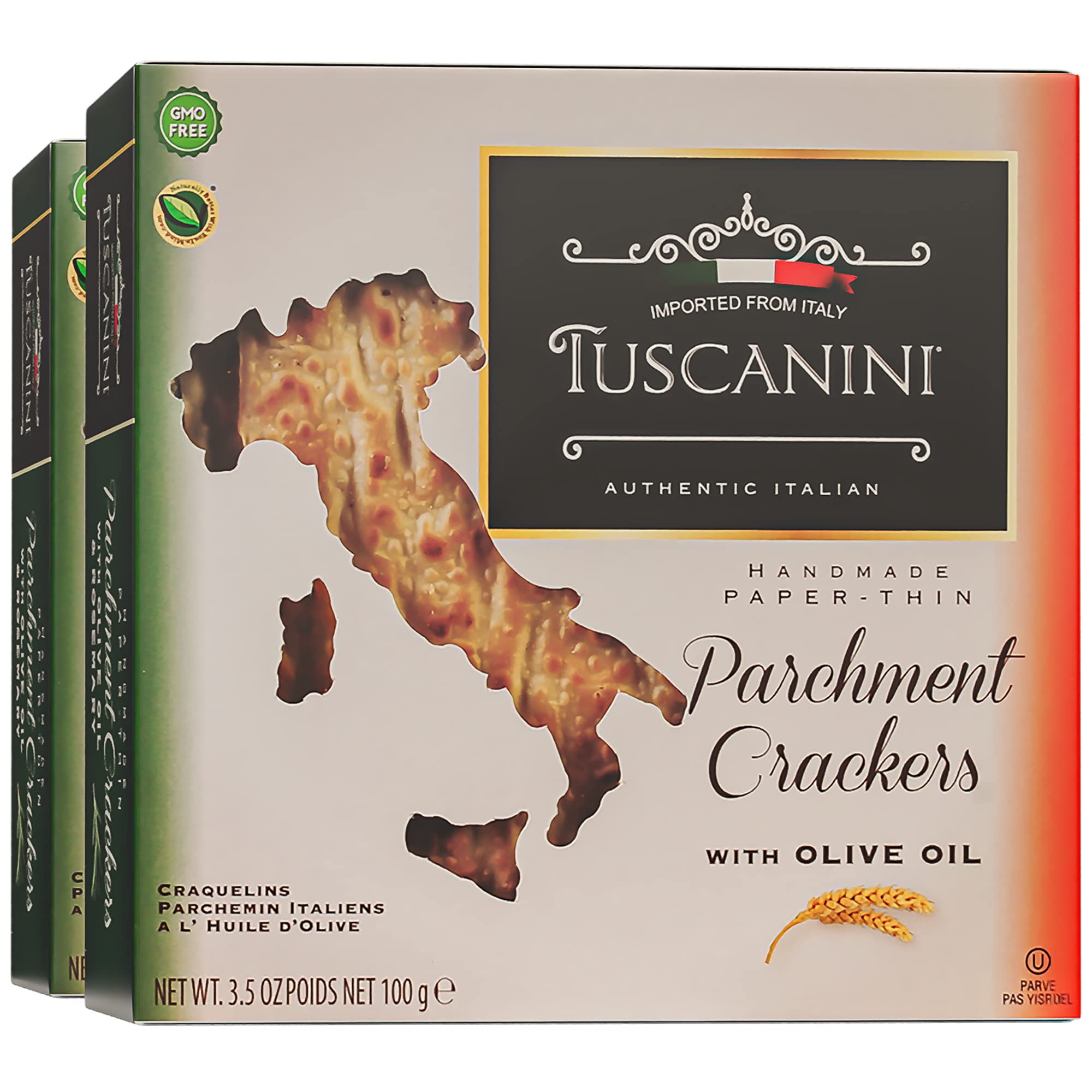 Tuscanini Parchment Crackers, Olive Oil 3.5oz (2 Pack) Paper Thin & Crisp Italian Crackers Seasoned with Olive oil and Salt, Certified Kosher