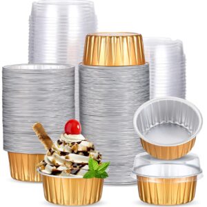 150 pcs aluminum foil baking cup disposable ramekins with lids 5oz mini cupcake liners flan mold mini cake pans with lids disposable cake tins for pudding desert creme brulee (gold, silver)