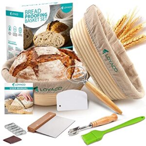 loyaco 10pcs banneton bread proofing baskets 10" round + 9" oval sourdough proofing basket set with dough bowls, bread lame, whisk, dough scrapers & oil brush - bread making tools and supplies gift