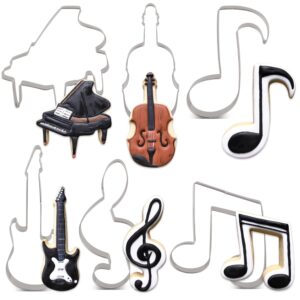 liliao music cookie cutter set - 6 piece - violin, piano, electric guitar, music note, g clef and eighth note biscuit fondant cutters - stainless steel