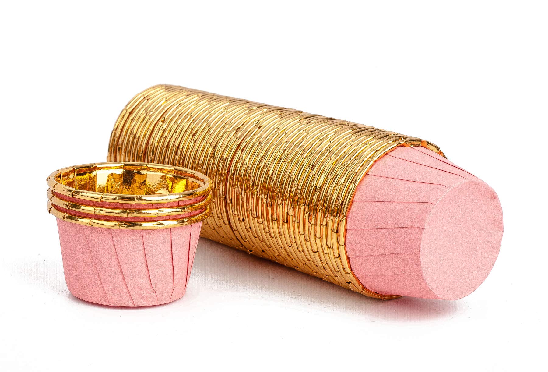 GOLDEN APPLE, Aluminum Foil Paper Mini Cake Baking Cups 50 Pack, Muffin Cupcake Baking Mold Cup Liners Baking Cups for Party Wedding Festival, cupcake liners, Small Pink in Gold