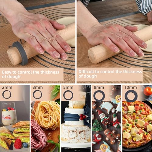 Adjustable Wood Rolling Pin with Thickness Rings for Baking -Non Stick Wooden Dough Roller Pin with Spacer Bands for Cookie,Pie Crust, Pastry Fondant and Bread By Folksy Super Kitchen (15.8, Grey)