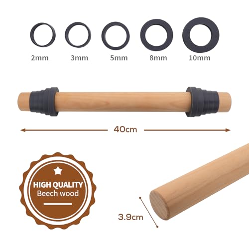 Adjustable Wood Rolling Pin with Thickness Rings for Baking -Non Stick Wooden Dough Roller Pin with Spacer Bands for Cookie,Pie Crust, Pastry Fondant and Bread By Folksy Super Kitchen (15.8, Grey)