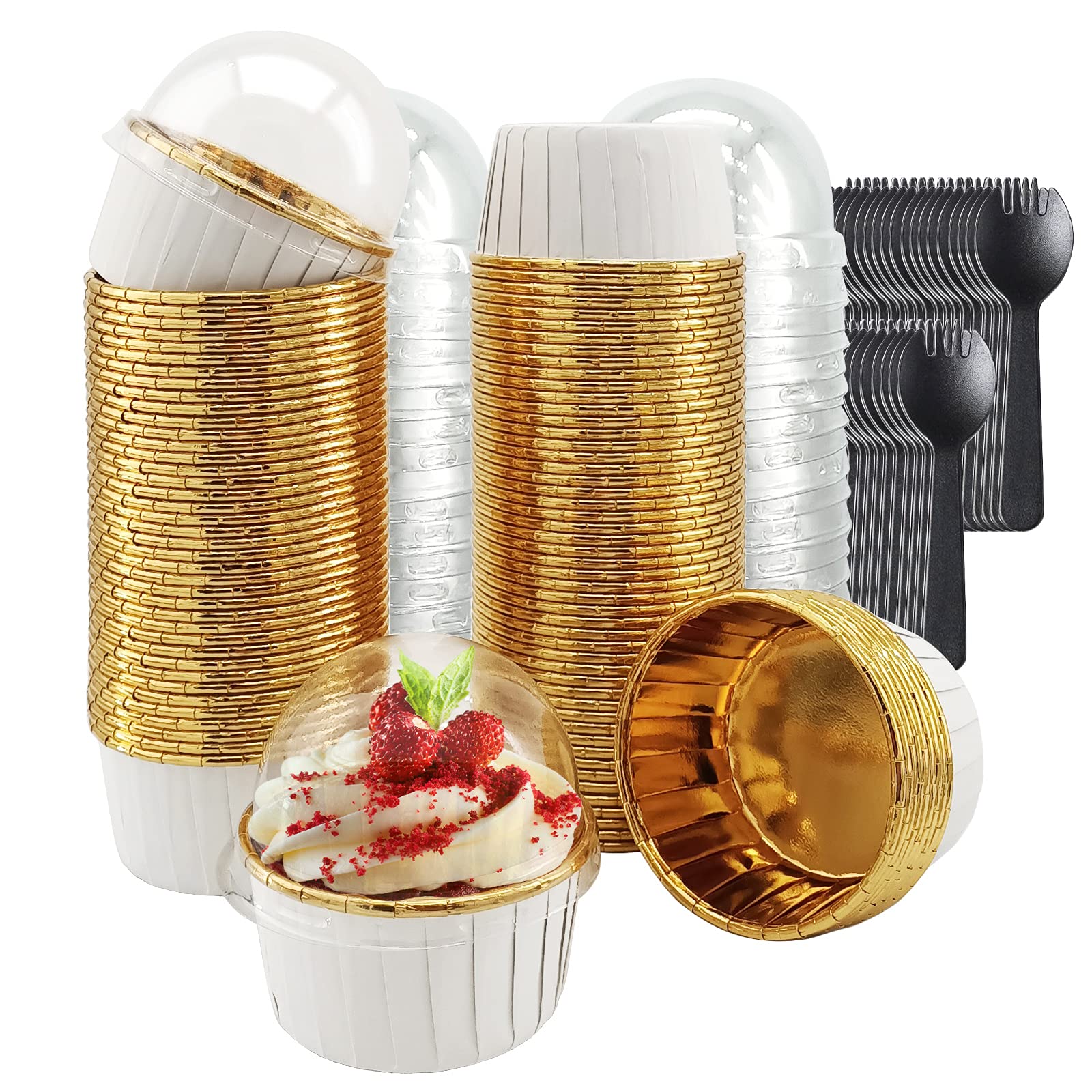 Cupcake Liners With Dome Lids 100 Pack,LNYZQUS 5.5 Oz Foil Cupcake Tins Baking Cups,Disposable Ramekins Muffin Tins,Large Cupcake Cups Cupcake Wrappers Holders,with Spoons-White in Gold