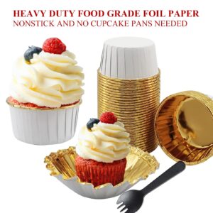 Cupcake Liners With Dome Lids 100 Pack,LNYZQUS 5.5 Oz Foil Cupcake Tins Baking Cups,Disposable Ramekins Muffin Tins,Large Cupcake Cups Cupcake Wrappers Holders,with Spoons-White in Gold