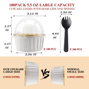 Cupcake Liners With Dome Lids 100 Pack,LNYZQUS 5.5 Oz Foil Cupcake Tins Baking Cups,Disposable Ramekins Muffin Tins,Large Cupcake Cups Cupcake Wrappers Holders,with Spoons-White in Gold