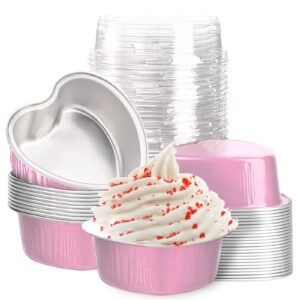 aluminum foil cupcake cup with lids (40 packs,3.4oz) heart shaped cake pans - disposable mini cupcake cup flan baking cups for valentine mother's day wedding xmas birthday