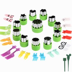 vegetable cutters shapes set, 12pcs stainless steel mini cookie cutters, vegetable cutter and fruit stamps mold + 20pcs cute cartoon animals food picks and forks -for kids baking and food supplement