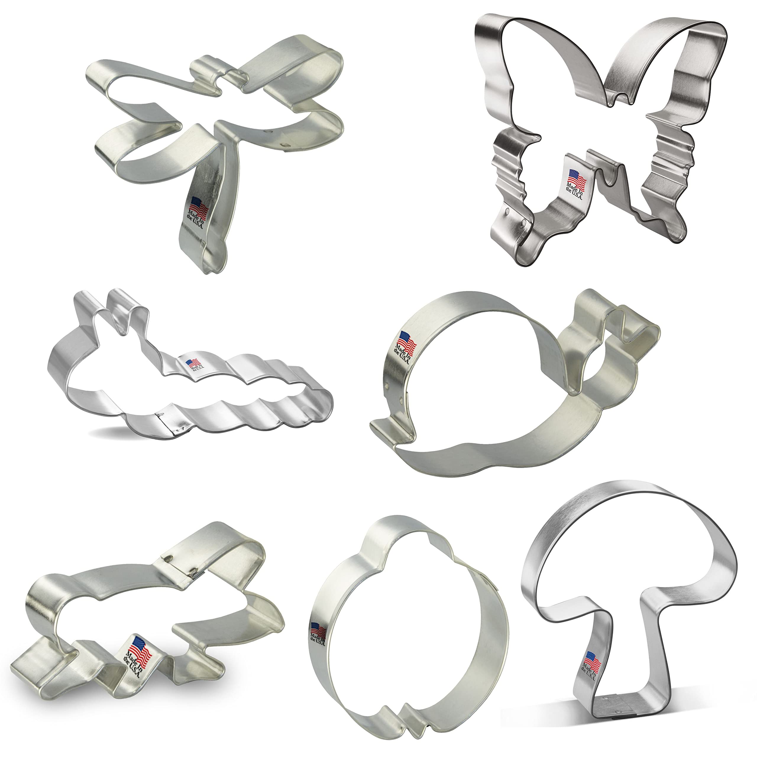 Foose Cookie Cutter 7 Piece Insect 3.5 in Dragonfly, 4.25 in Caterpillar, 3 in Ladybug, 4.5 in Butterfly, 3.5 in Grasshopper, 4.25 in Snail, 3.25 in Mushroom - USA Made
