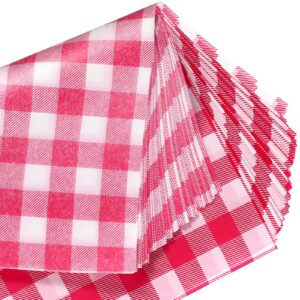 100 Pcs Deli Paper Sandwich Checkered Paper Oktoberfest Food Wrapping Grease Resistant Liner Papers Wax Paper Sheets Carnival Oktoberfest Decorations Barbecues Picnics 12 x 10 Inch (Red and White)