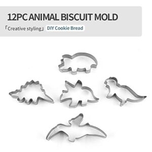 12PCS Dinosaur Cookie Cutters Set - ISZW Stainless Steel Metal Dinosaur Theme Shapes Baking Mold for Kids Baking, Metal Cookie Cutter Molds for Kids Birthday Party DIY Cake Decoration