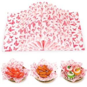 150 pcs wax paper sheets for food baking wrapping wax paper butterfly deli paper sheets greaseproof printed picnic wrap tissue for hamburger basket sandwich holiday birthday party dessert(pink)