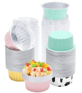 aosyco dessert cups, 100pcs 4 colors mixed cupcake containers, 5oz 125ml disposable aluminum foil pans ramekins, baking cups, muffin liners with lids