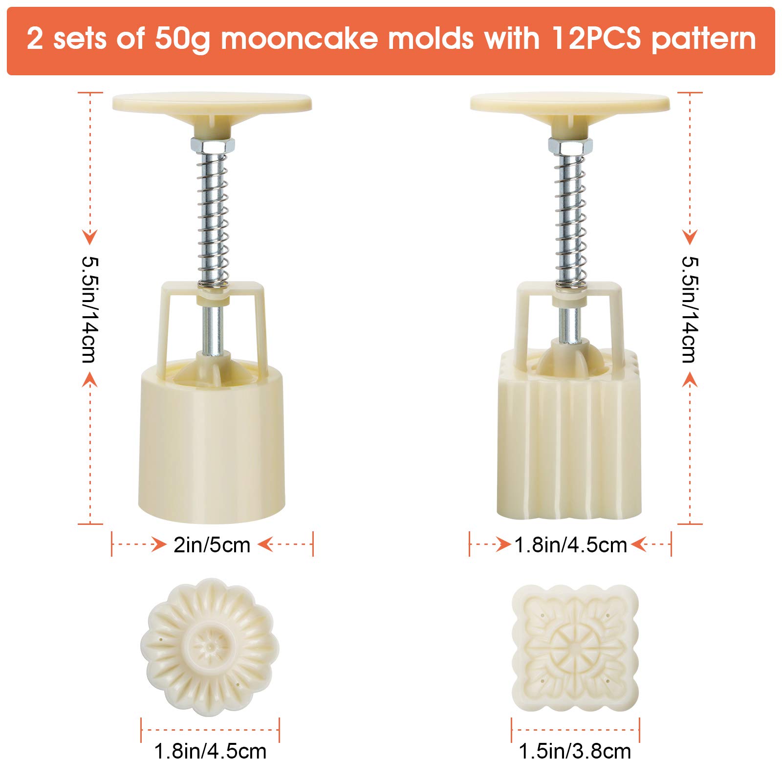 Moon Cake Mould 50g, Luxiv 12 PCS Pattern Hand-Pressure Mooncake Molds for Mid-Autumn DIY Pastry Tool 2 Sets with 6pcs Round Flower Mooncake Mode and 6 Pcs Square Pattern Mooncake Mould (White, 50g)