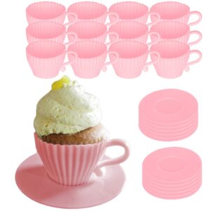 evelots teacup silicone cupcake liners 24 pc set oven safe baking set (12 cups/ 12 saucers)-reusable baking muffin cups- bpa free-2 colors
