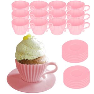 Evelots Teacup Silicone Cupcake Liners 24 Pc Set Oven Safe Baking Set (12 Cups/ 12 Saucers)-Reusable Baking Muffin Cups- BPA Free-2 Colors