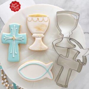 communion confirmation baptism easter cookie cutters 3-pc. set made in the usa by ann clark, chalice, jesus fish, holy cross
