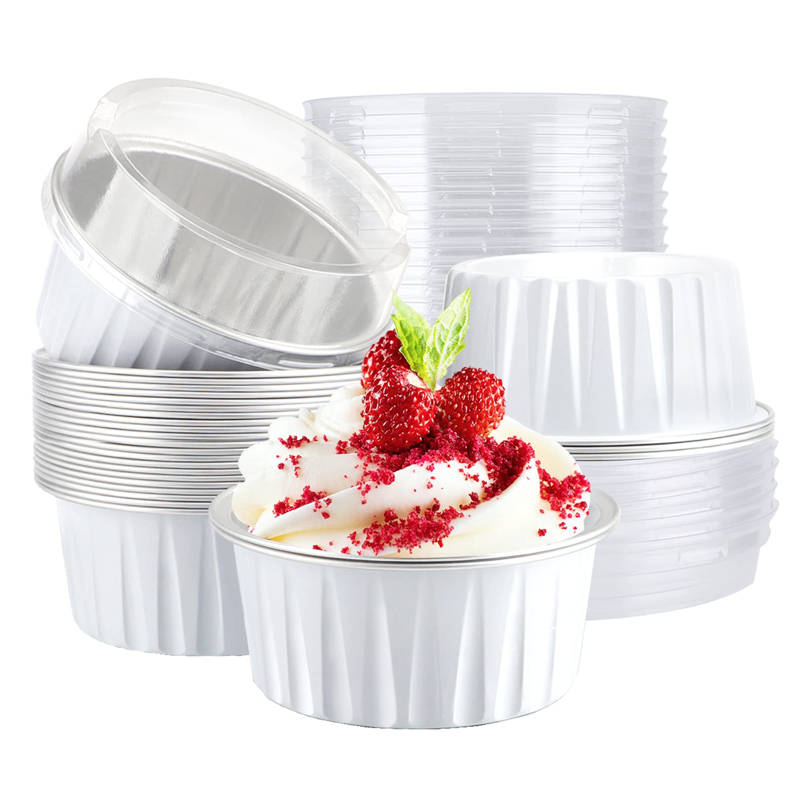 EUSOAR Ramekin Baking Cups, 30pcs 5oz Aluminum Foil Muffin Liners Cupcake Baking Cups with Lids, Mini Pie Pans with Lids, Disposable Foil Baking Cups Containers for Creme Brulee or Cupcake-White