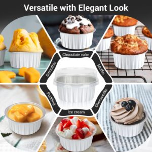 EUSOAR Ramekin Baking Cups, 30pcs 5oz Aluminum Foil Muffin Liners Cupcake Baking Cups with Lids, Mini Pie Pans with Lids, Disposable Foil Baking Cups Containers for Creme Brulee or Cupcake-White