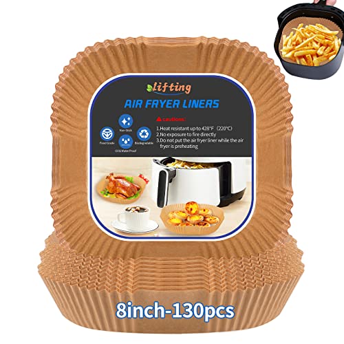 Lifting 130Pcs Air Fryer Liners,8Inch Square Air Fryer Disposable Paper Liners,Air Fryer Parchment Paper,Non-stick,Oil-proof,Water-proof,Natural Food Grade for Air Fryer Baking Roasting