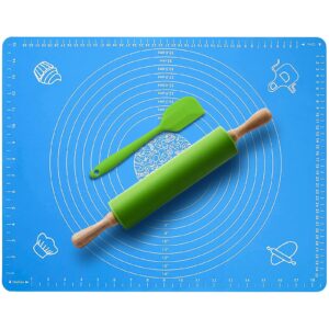 non stick rolling pin & extra large silicone baking mat "25 x 18" non-stick pastry mat a free silicone spatula, non-stick silicone dough rollers set with measurements kneading pastry mat