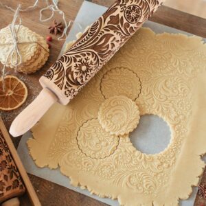 Embossed Wooden Rolling Pin for Baking,Evermarket Deep Engraved Embossing Rolling Pin with Christmas Snowflake Flower Design for Baking Embossed Cookies,Cute Kitchen Decor DIY Tool for Kids and Adults