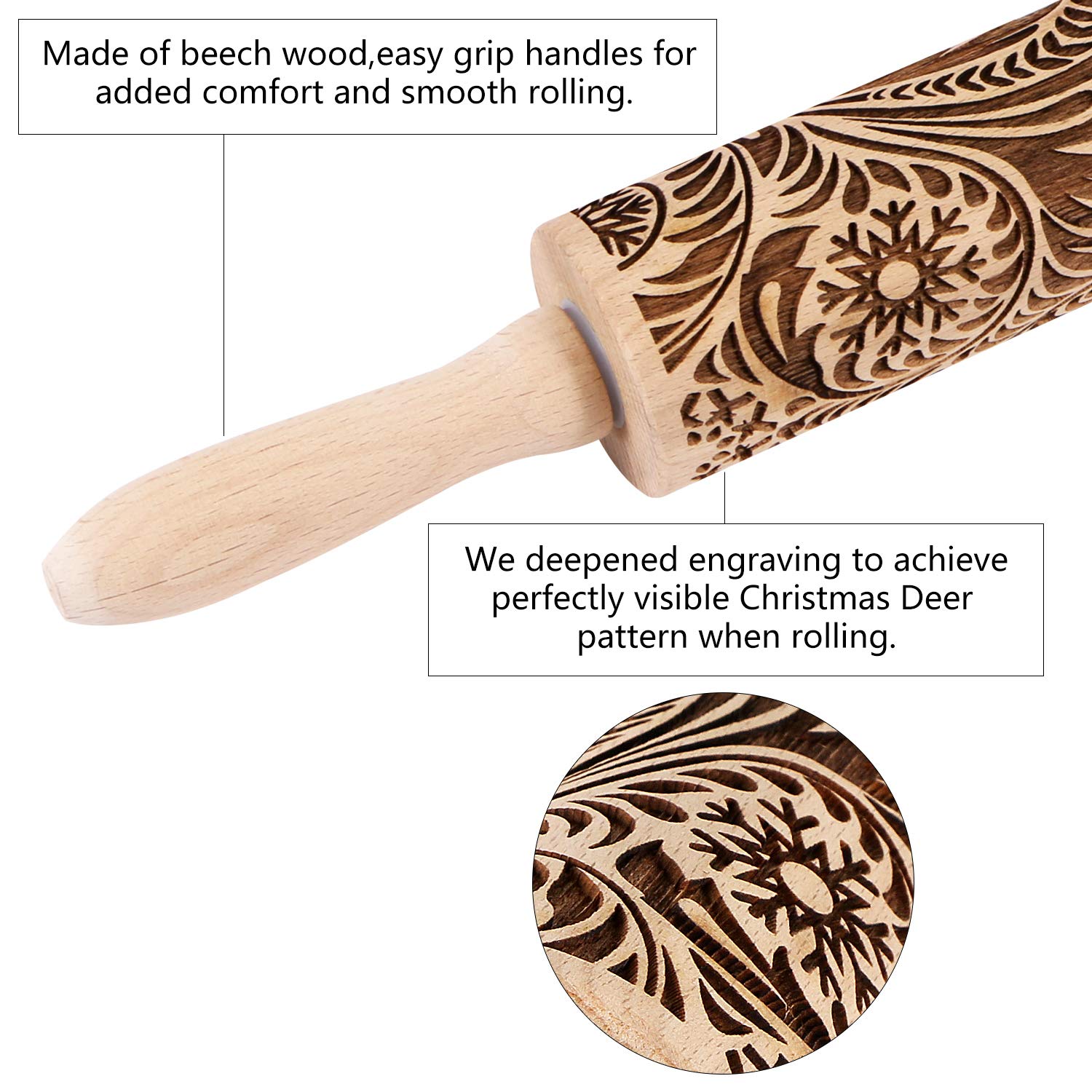 Embossed Wooden Rolling Pin for Baking,Evermarket Deep Engraved Embossing Rolling Pin with Christmas Snowflake Flower Design for Baking Embossed Cookies,Cute Kitchen Decor DIY Tool for Kids and Adults