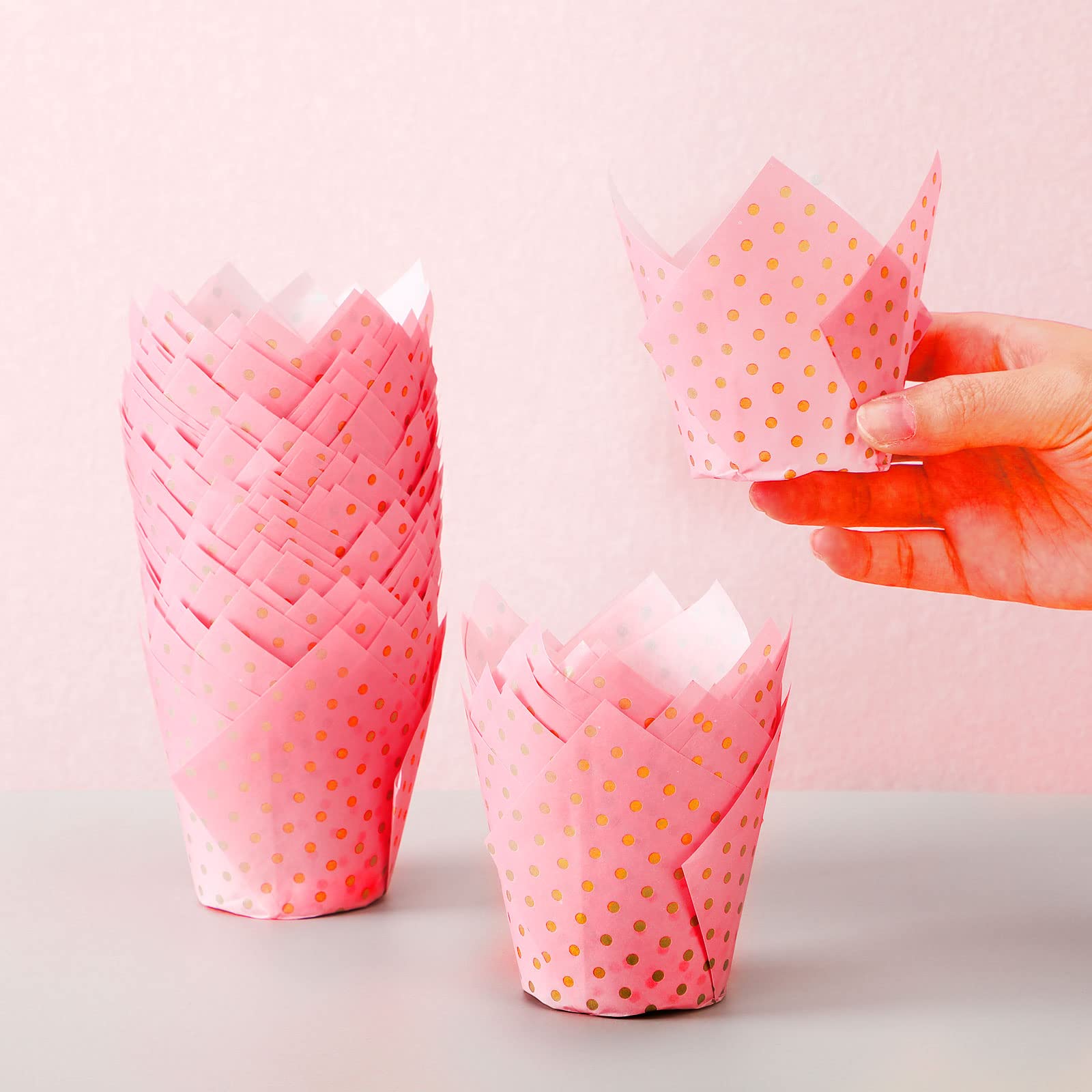 200 Pcs Gold Dot Tulip Cupcake Liners Pink Paper Baking Cups Gold Dot Pink Cupcake Liners Mini Baby Shower Cupcake Liners Greaseproof Tulip Muffin Liners for Wedding Birthday Candy Jelly Party Supply