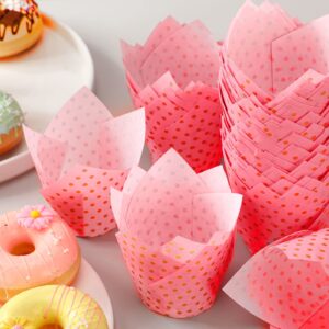 200 Pcs Gold Dot Tulip Cupcake Liners Pink Paper Baking Cups Gold Dot Pink Cupcake Liners Mini Baby Shower Cupcake Liners Greaseproof Tulip Muffin Liners for Wedding Birthday Candy Jelly Party Supply