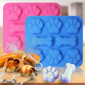 2 in 1 silicone molds，2 pack silicone puppy paw print & dog bone shaped molds ，with 3 packs stainless steel bone cookie cutter-blue&pink-set of 5