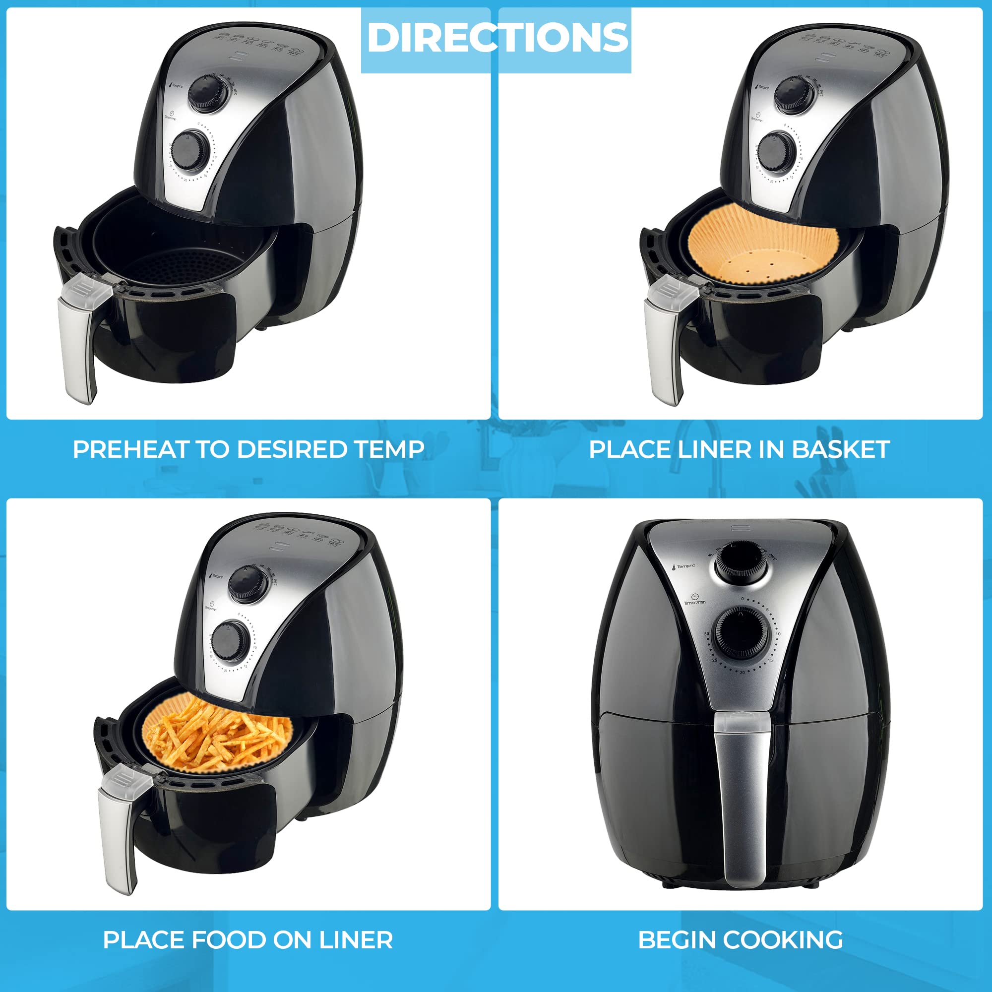 Rainy Day Essentials - Air Fryer Liners, Perforated with Holes, 100 Pieces, 6.3 Inches, Round, Fits 2-6QTS, Disposable Air Fryer Liner, Baking Paper, Oil Proof, Parchment Paper for Roasting