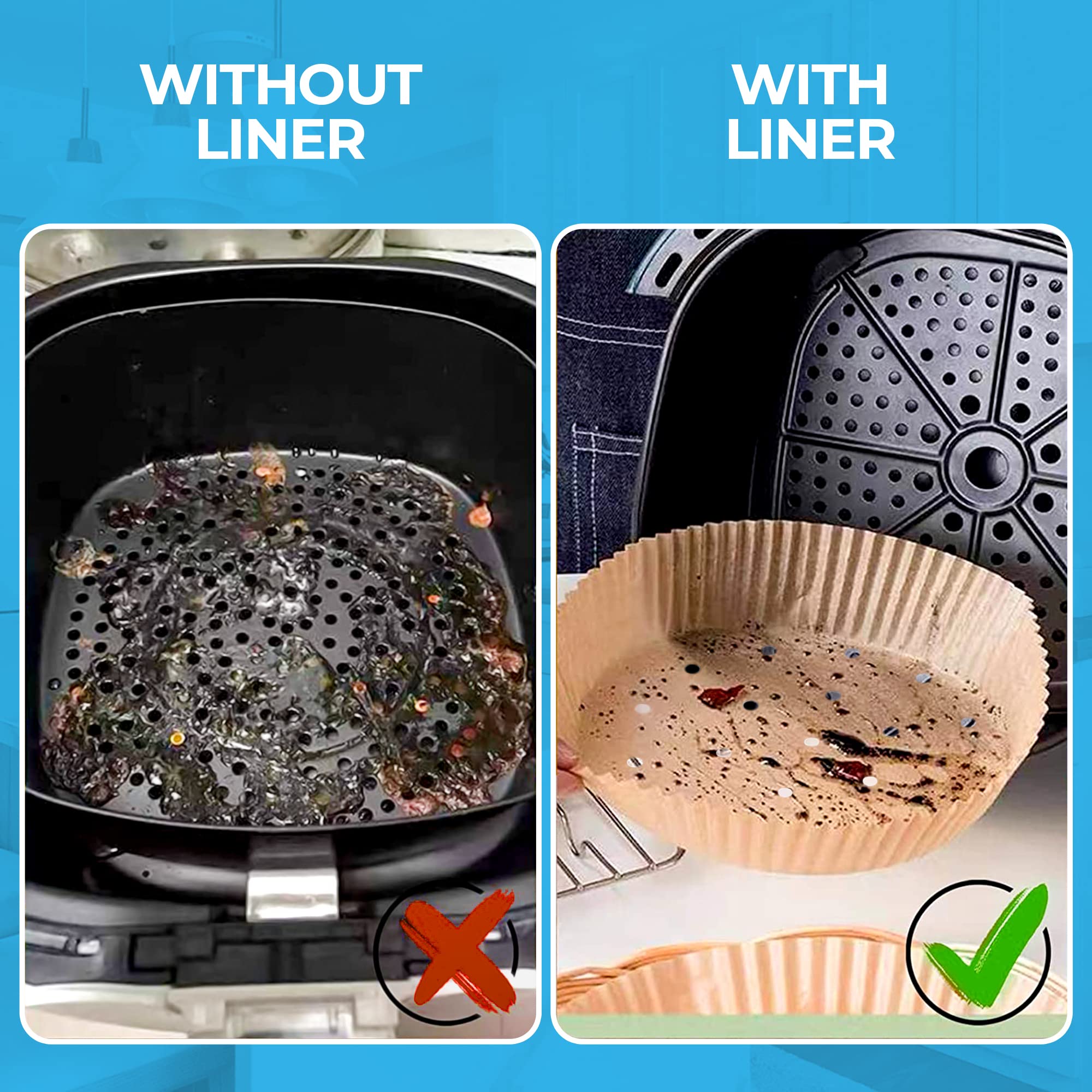 Rainy Day Essentials - Air Fryer Liners, Perforated with Holes, 100 Pieces, 6.3 Inches, Round, Fits 2-6QTS, Disposable Air Fryer Liner, Baking Paper, Oil Proof, Parchment Paper for Roasting