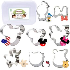 xunmeint minnie mouse cookie cutter set with storage box, mickey, minnie, glove, donald, winnie the pooh, kitty cat, bow shapes sandwich cutters,8 pcs fondant cutter for kids