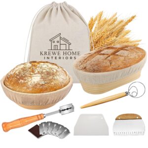 banneton bread proofing basket set of 2-9 inch round & 10 inch oval sourdough basket, sourdough bread kit with bread lame, dough scraper, dough whisk and linen liners, bread making tools and supplies