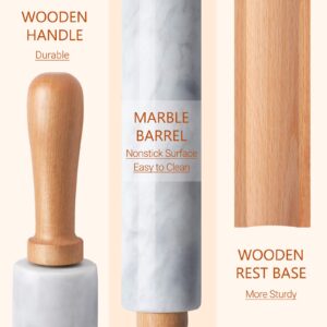 PARMEDU Solid Marble Rolling Pin Set with Wooden Base, Silicone Baking Mat and Dough Scraper, 10-inch Roller White, Model BK003