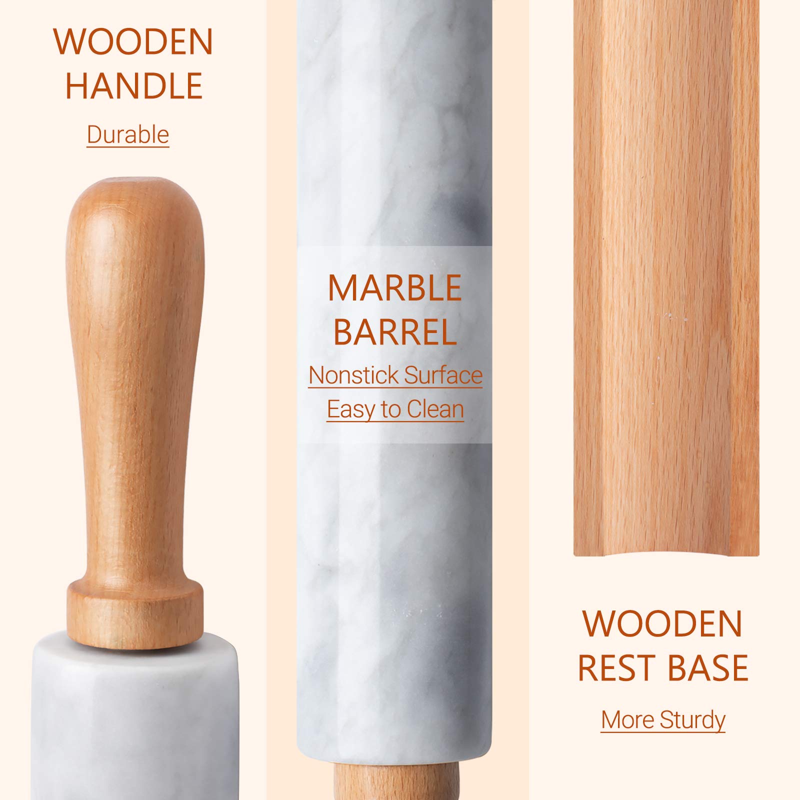 PARMEDU Solid Marble Rolling Pin Set with Wooden Base, Silicone Baking Mat and Dough Scraper, 10-inch Roller White, Model BK003