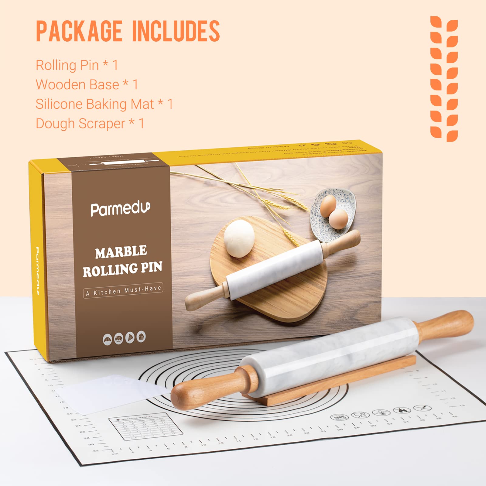 PARMEDU Solid Marble Rolling Pin Set with Wooden Base, Silicone Baking Mat and Dough Scraper, 10-inch Roller White, Model BK003