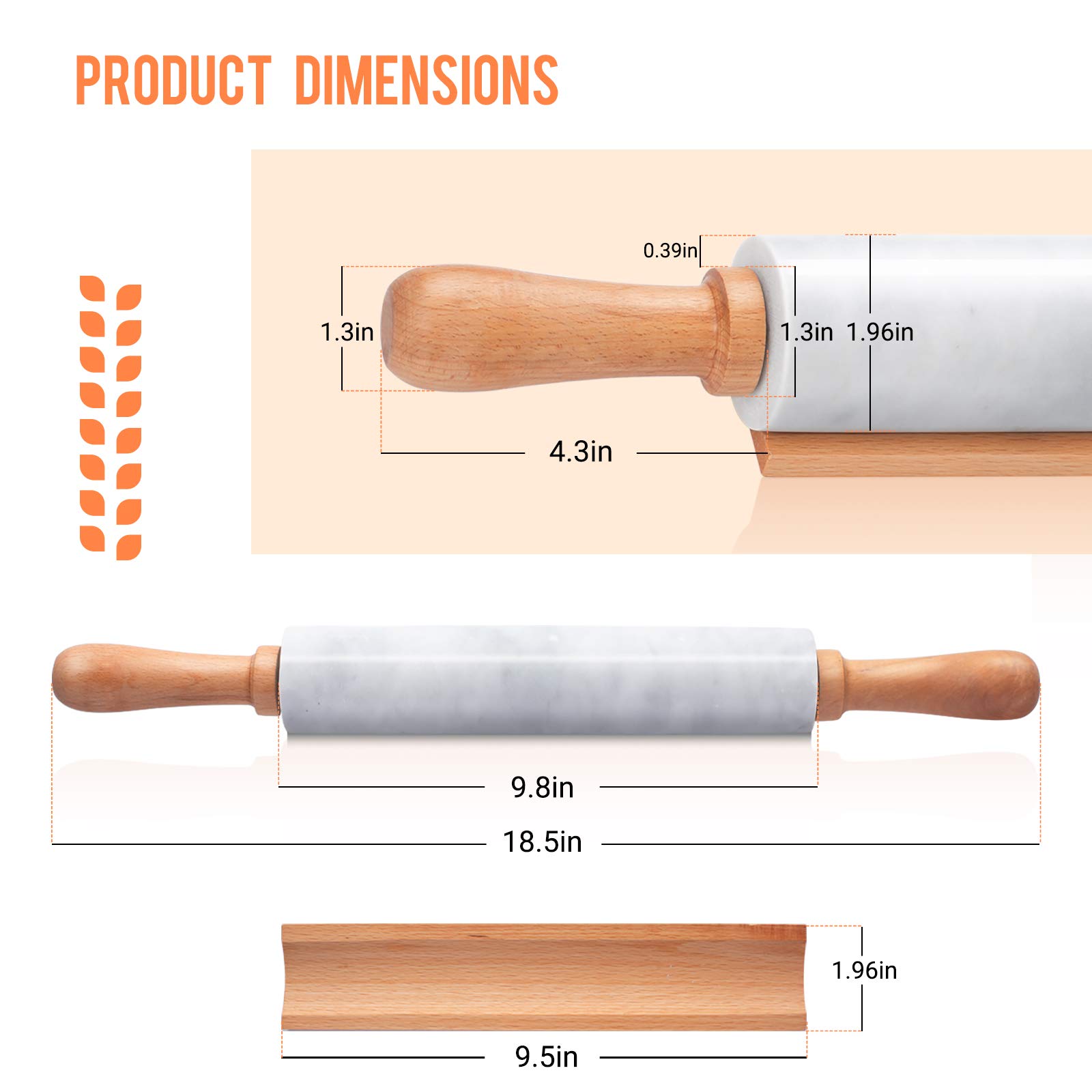 PARMEDU Solid Marble Rolling Pin Set with Wooden Base, Silicone Baking Mat and Dough Scraper, 10-inch Roller White, Model BK003