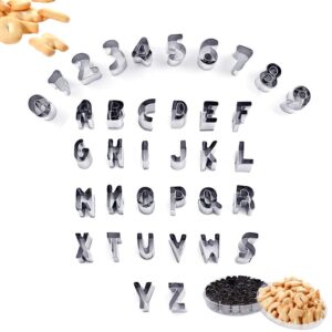 sitake 37 pcs mini alphabet and number cookie cutters set with storage case, stainless steel small mold tools for fondant biscuit, cake, fruit, vegetables, dough