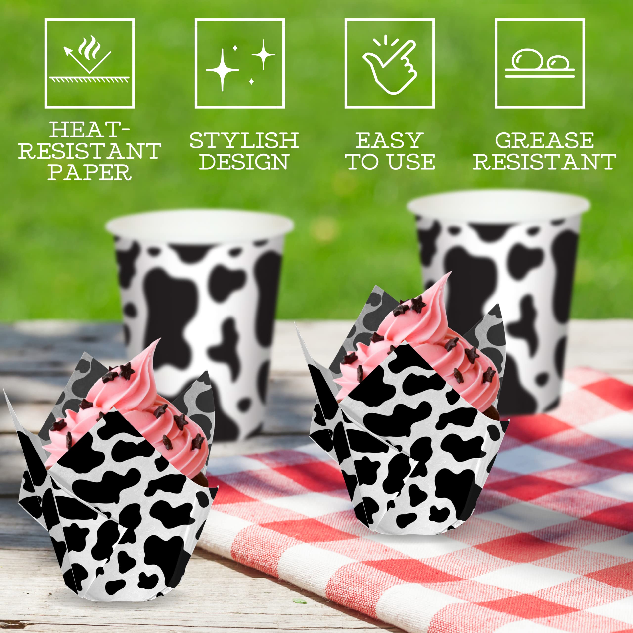 50PCS Cow Tulip Cupcake Liners Cupcake Wrappers Cow Print Baking Cups Muffin Cups Cow Cupcake Cups for Birthday Party Farm Western Party Decorations