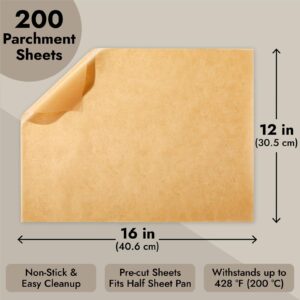 Juvale 200-Pack Precut Parchment Paper Sheets 12 x 16 inches, Unbleached Brown Nonstick Liners for Half Sheet Pan for Baking, Cooking, Grilling, Air Fryer, Steaming, and Wrapping Food, Heavy Duty