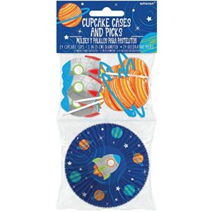 48-piece blast off birthday multicolor cupcake cases & picks - 1 pack | vibrant design, durable & easy-to-use | perfect for space-themed party supplies