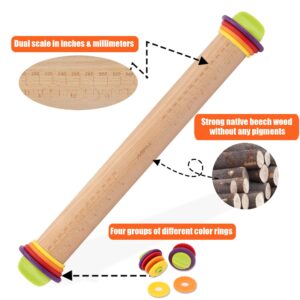 Mepple Rolling Pin with Thickness Rings for Fondant, Pizza, Pie Crust, Cookie, Pastry, Roller Rod for Dough Thickness, Adjustable Rolling Pin for Baking, Wood Rolling Pin 13.6" with 4 Thickness Rings