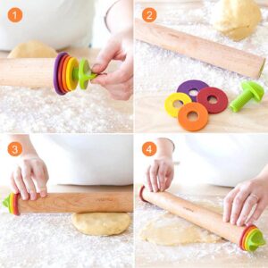 Mepple Rolling Pin with Thickness Rings for Fondant, Pizza, Pie Crust, Cookie, Pastry, Roller Rod for Dough Thickness, Adjustable Rolling Pin for Baking, Wood Rolling Pin 13.6" with 4 Thickness Rings