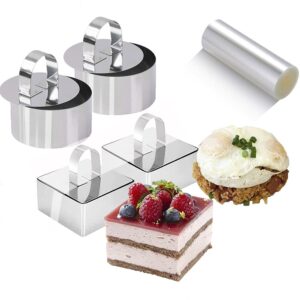 9pack 3.15‘’ food rings molds with 3 inch cake collars stainless steel cake rings round & square cooking rings mould with pressers, transparent acetate sheet cake rolls for baking pastry, mousse cakes