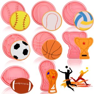 8 pieces sport ball and birthday cookie stamps with plunger cutters set 3d football volleyball soccer basketball cake flower shape biscuit cutter cookie stamps for diy cookie supplies (ball style)